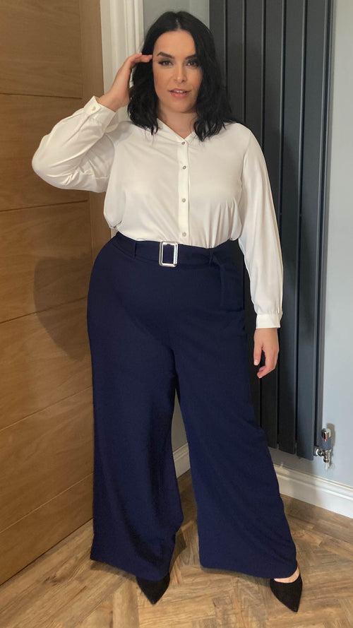 CurveWow Wide Leg Belted Trouser Navy