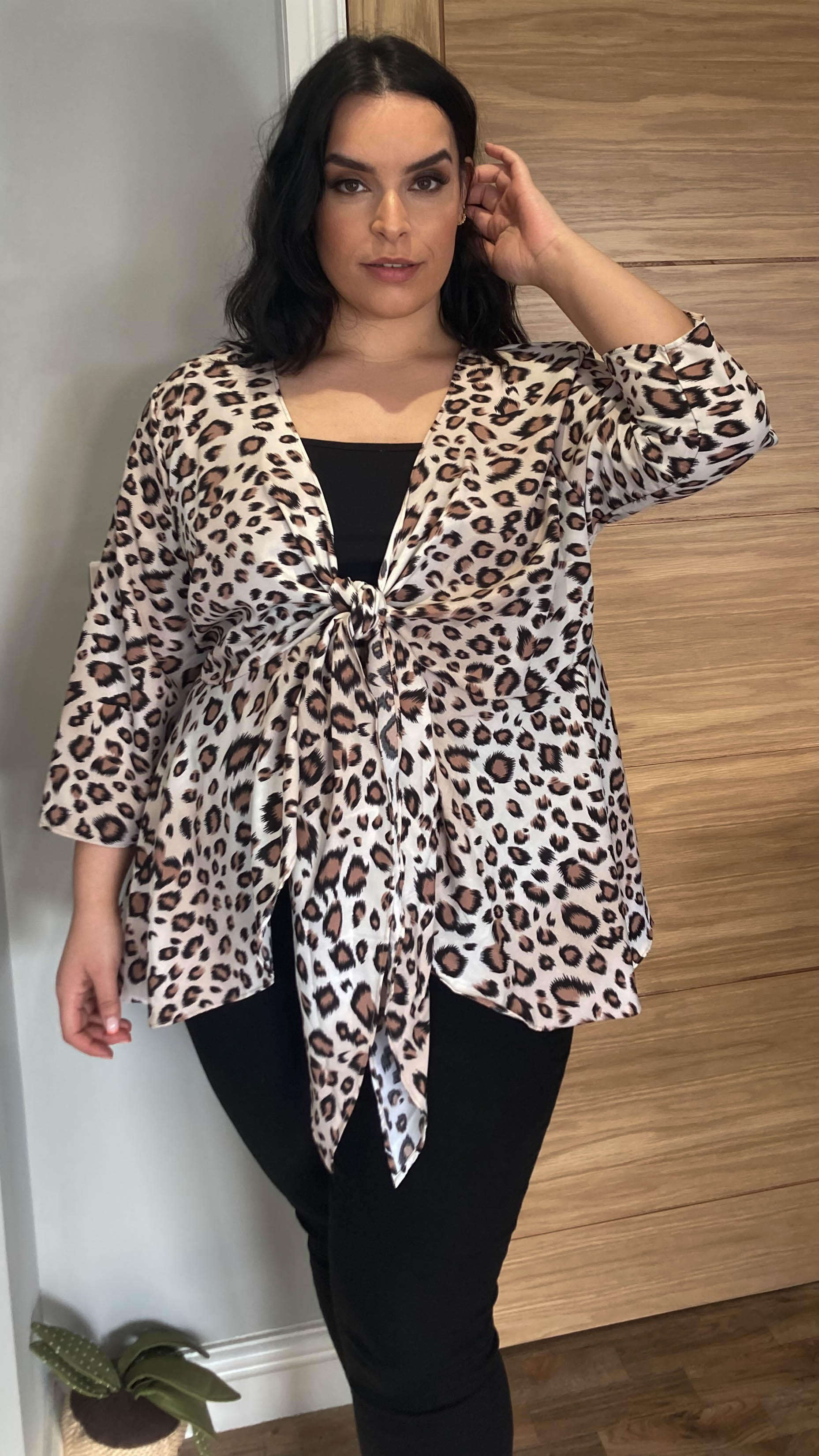 CurveWow Tie Front Peplum Top Leopard Print