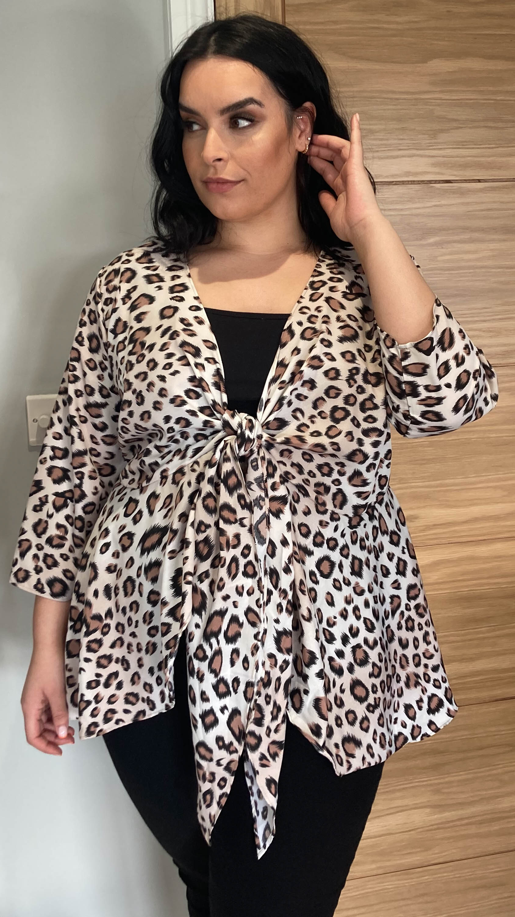 CurveWow Tie Front Peplum Top Leopard Print