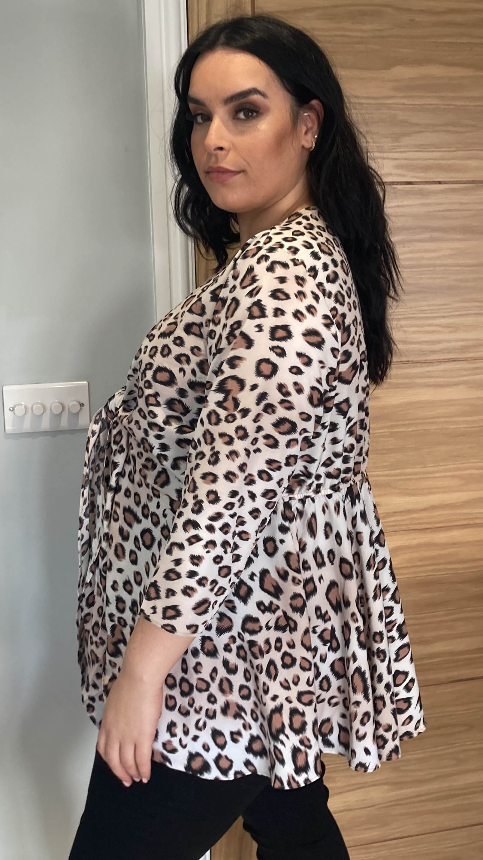 CurveWow Tie Front Peplum Top Leopard Print