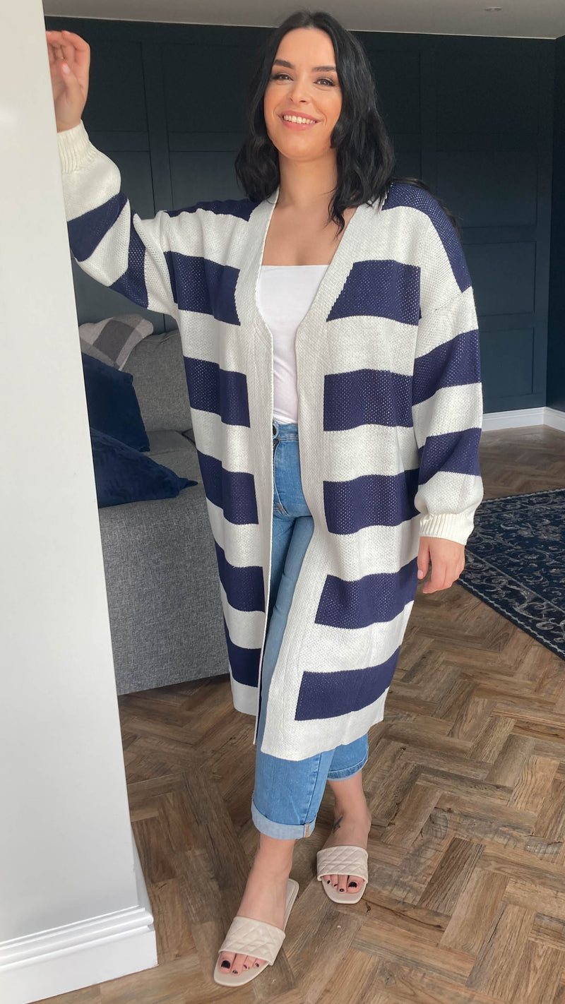 CurveWow Stripe Midi Cardigan Navy & Ivory