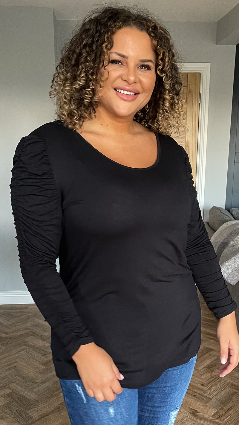 CurveWow Ruched Sleeve Top Black
