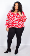 CurveWow Red Daisy V-Neck Swing Top with Bell Sleeves