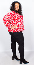 CurveWow Red Daisy V-Neck Swing Top with Bell Sleeves