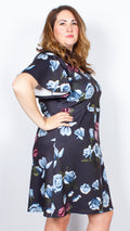 CurveWow Navy Floral Frill Sleeve Dress
