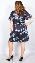 CurveWow Navy Floral Frill Sleeve Dress