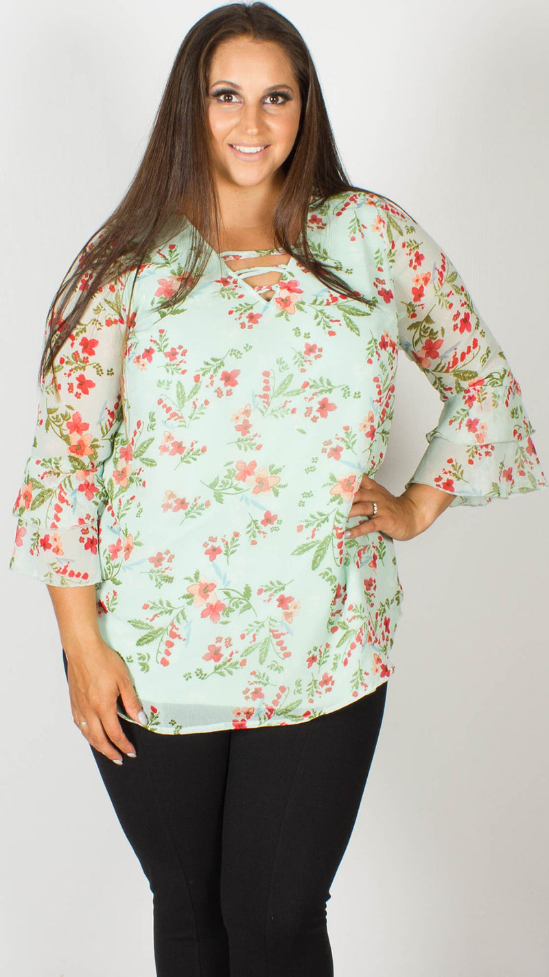 Crystal Floral Blouse with Double Frill Sleeves