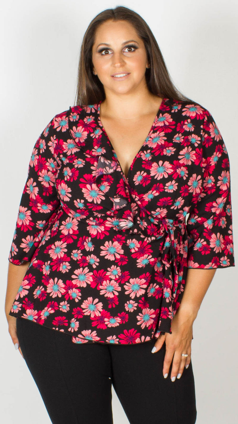 Diana Black and Red Floral Wrap Top