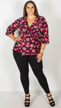 Diana Black and Red Floral Wrap Top