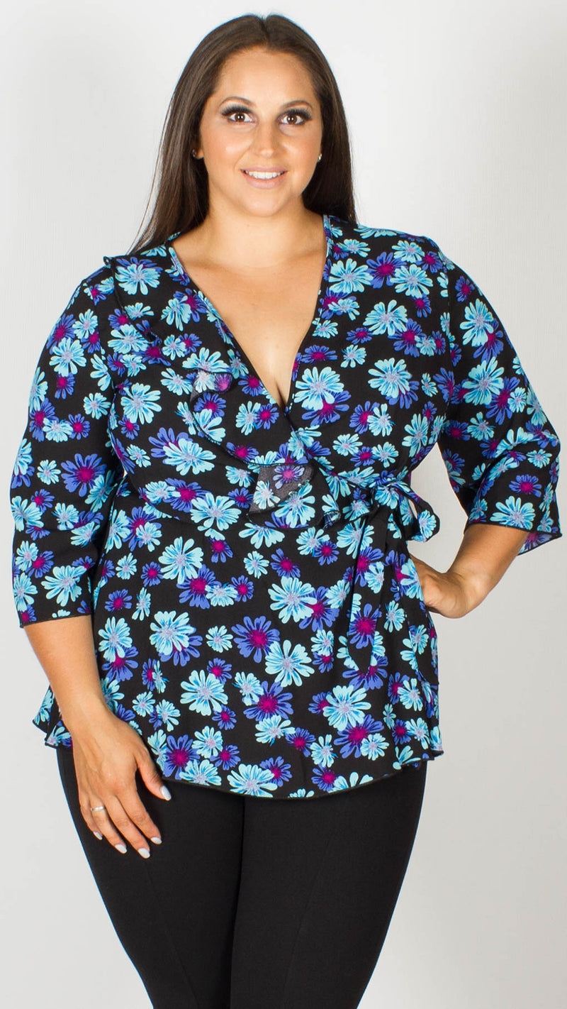 Diana Black and Blue Floral Wrap Top