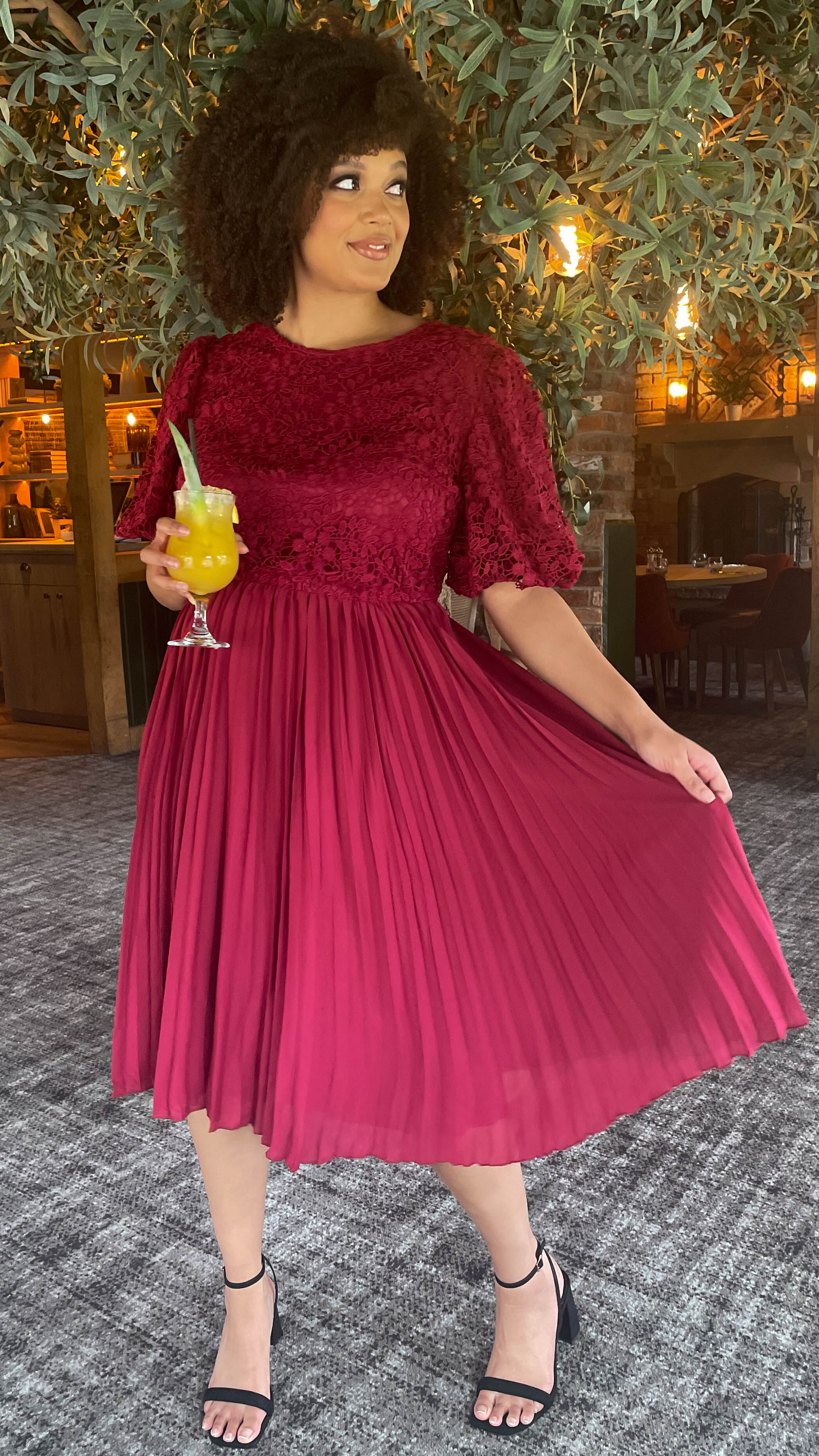 CurveWow Lace Top Pleated Dress Wine