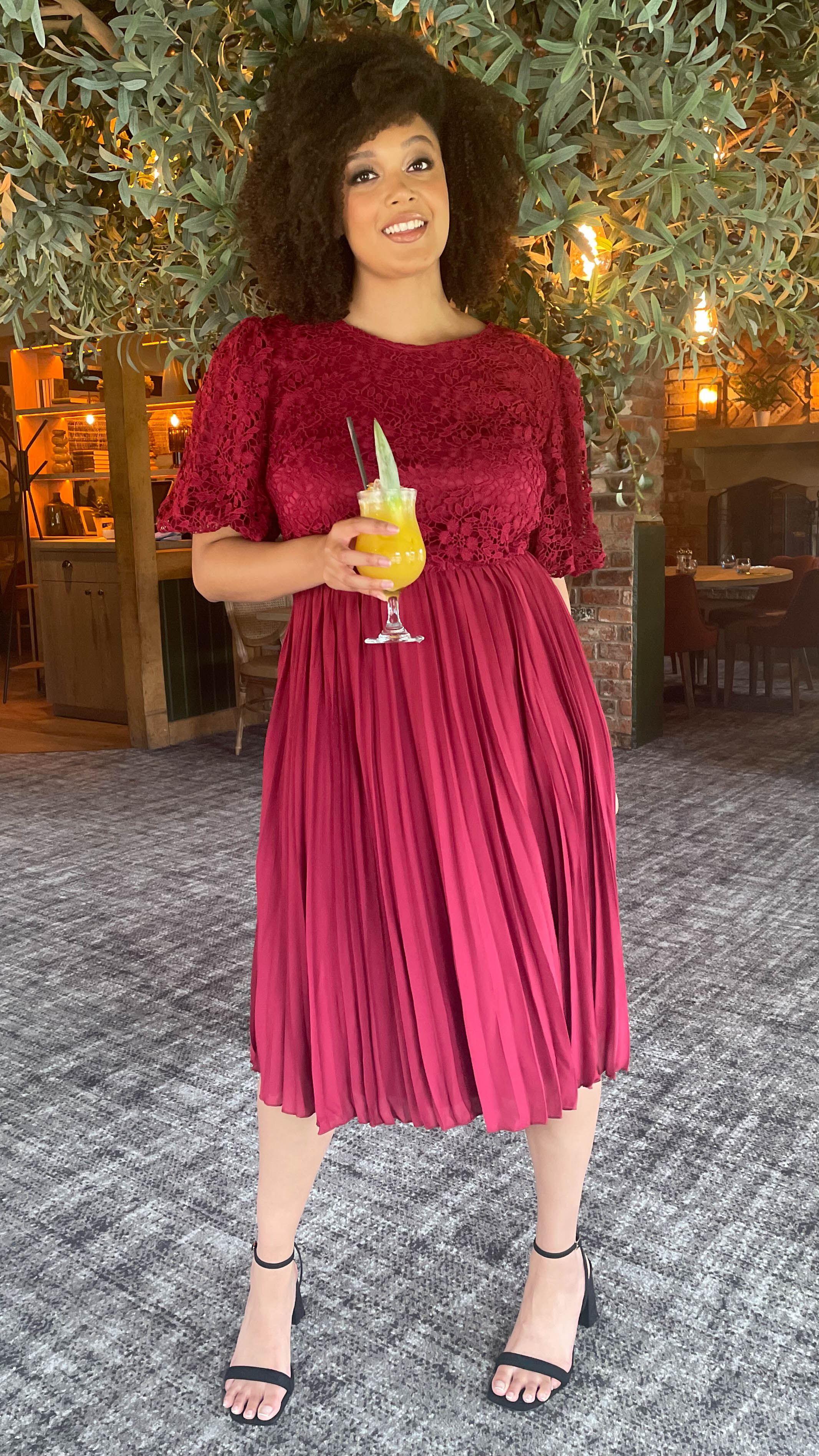 CurveWow Lace Top Pleated Dress Wine