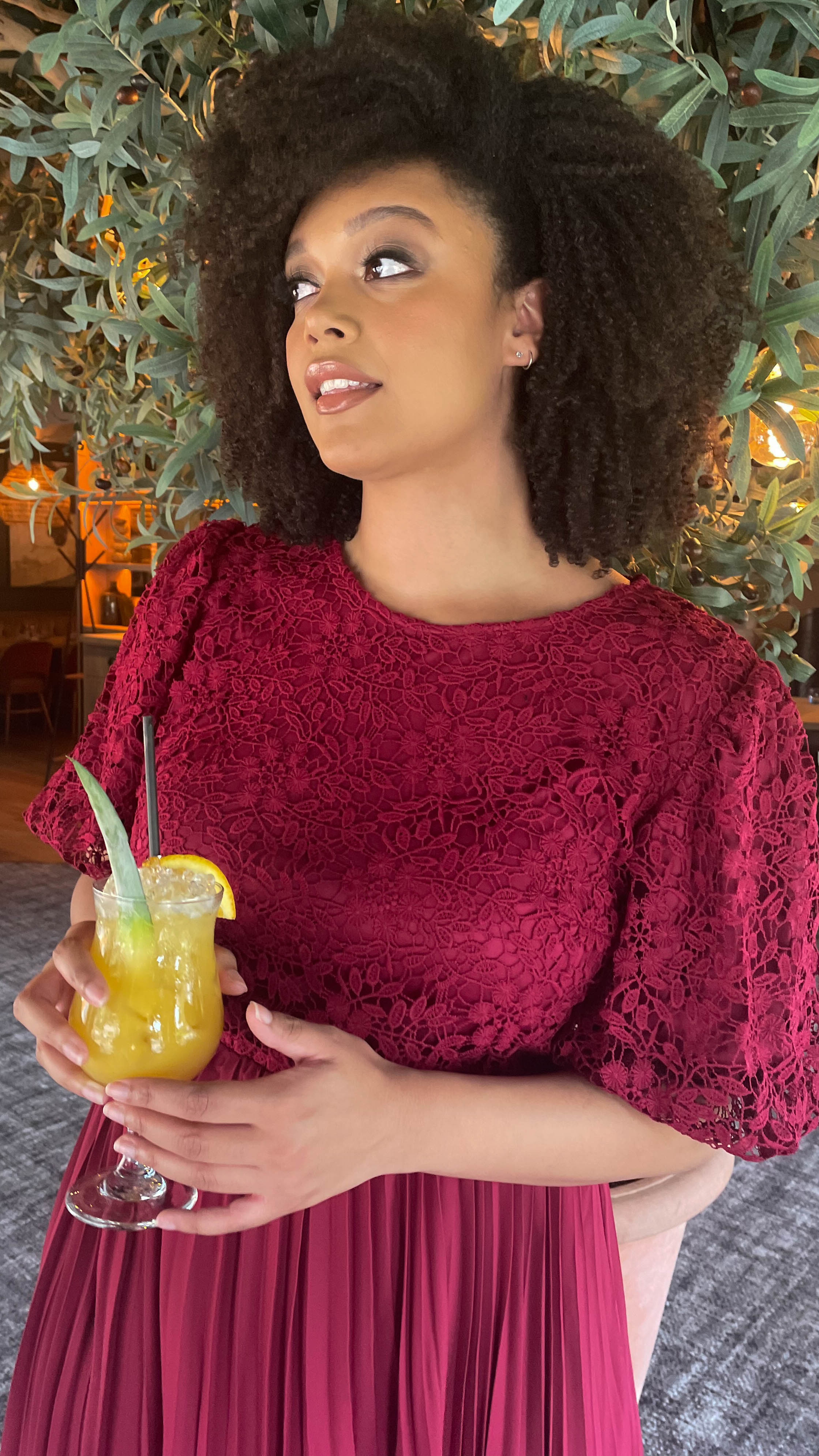 CurveWow Lace Top Pleated Dress Wine