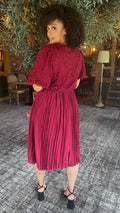 CurveWow Lace Top Pleated Dress Wine