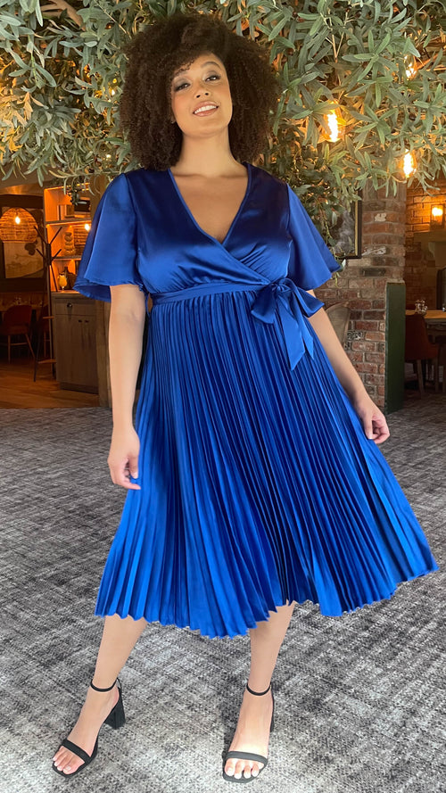 CurveWow Short Sleeve Pleated Wrap Dress Royal Blue