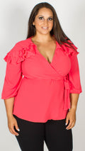 Cindy Coral Wrap Top with Frilled Shoulders