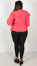 Cindy Coral Wrap Top with Frilled Shoulders
