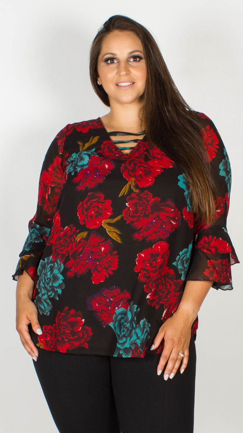 Crystal Black Floral Blouse with Double Frill Sleeves