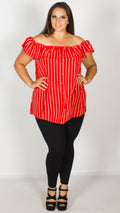 Beatrice Red Stripe Bardot Top with Button Front