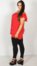 Beatrice Red Stripe Bardot Top with Button Front