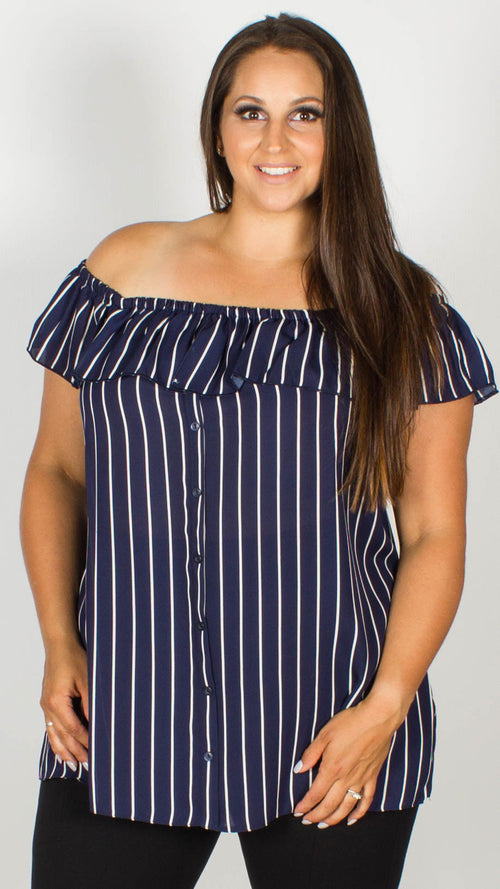 Beatrice Navy Stripe Bardot Top with Button Front