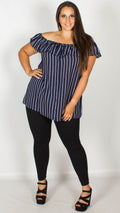 Beatrice Navy Stripe Bardot Top with Button Front