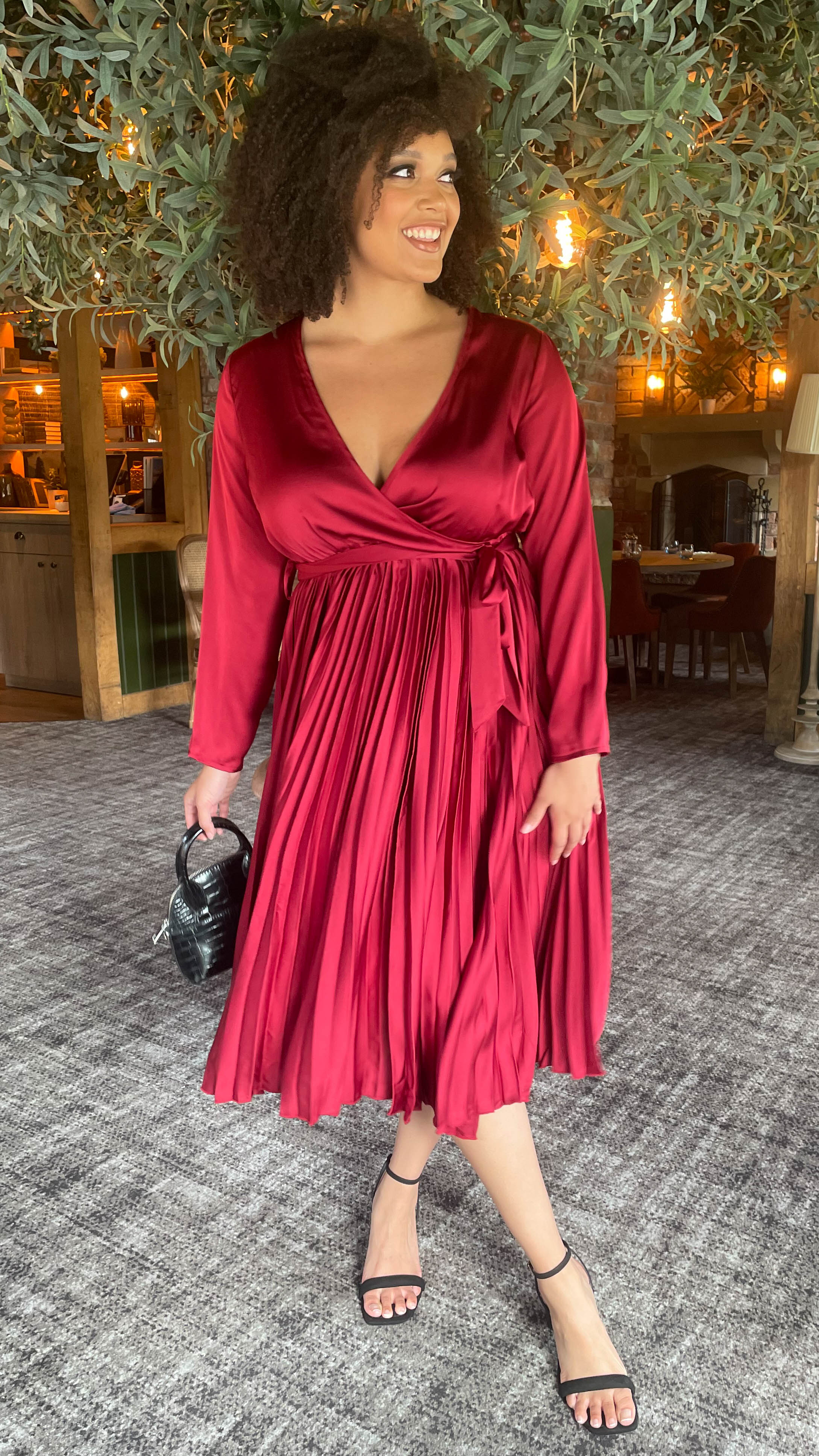 CurveWow Long Sleeve Pleated Wrap Dress Wine