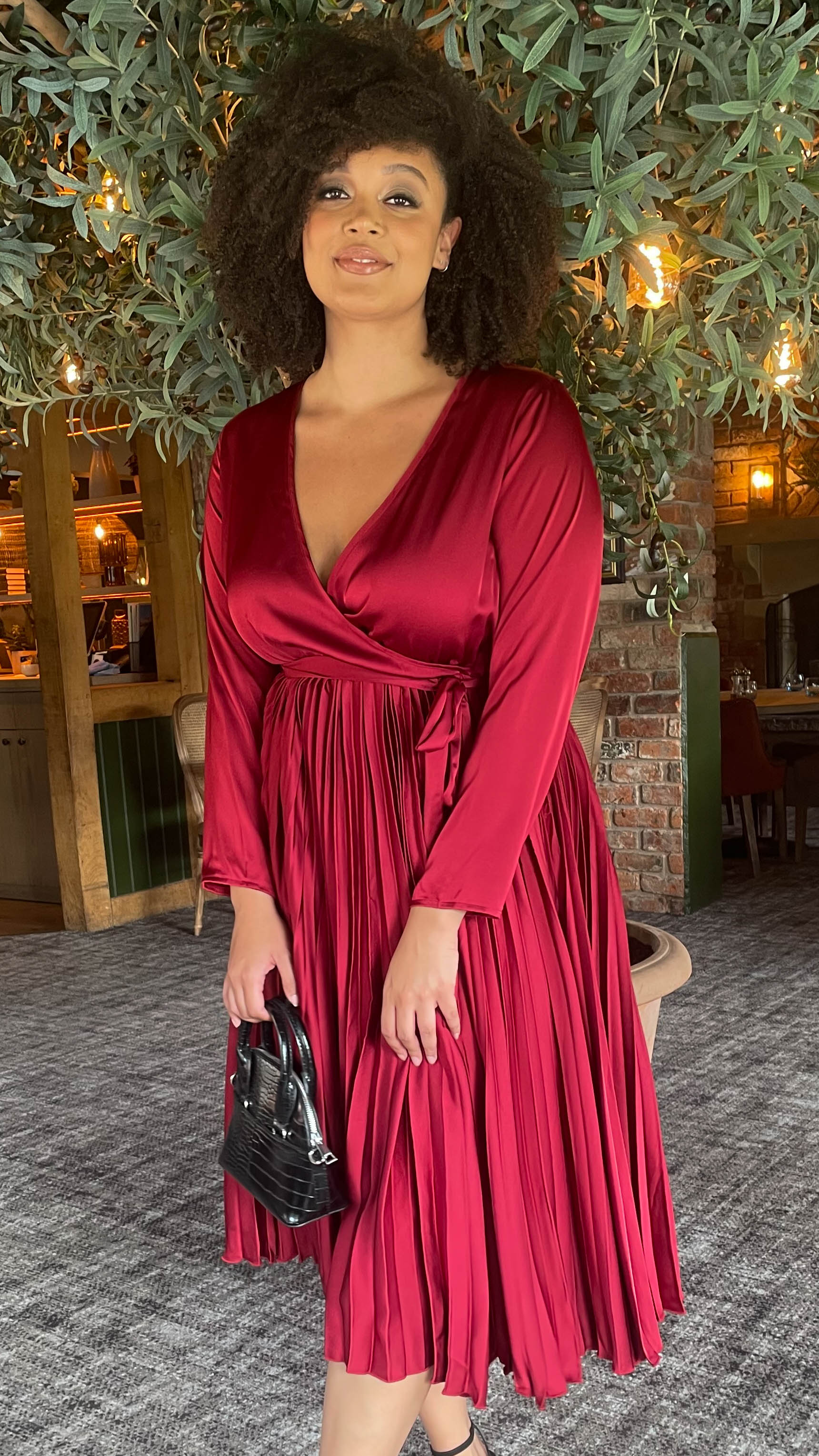 CurveWow Long Sleeve Pleated Wrap Dress Wine