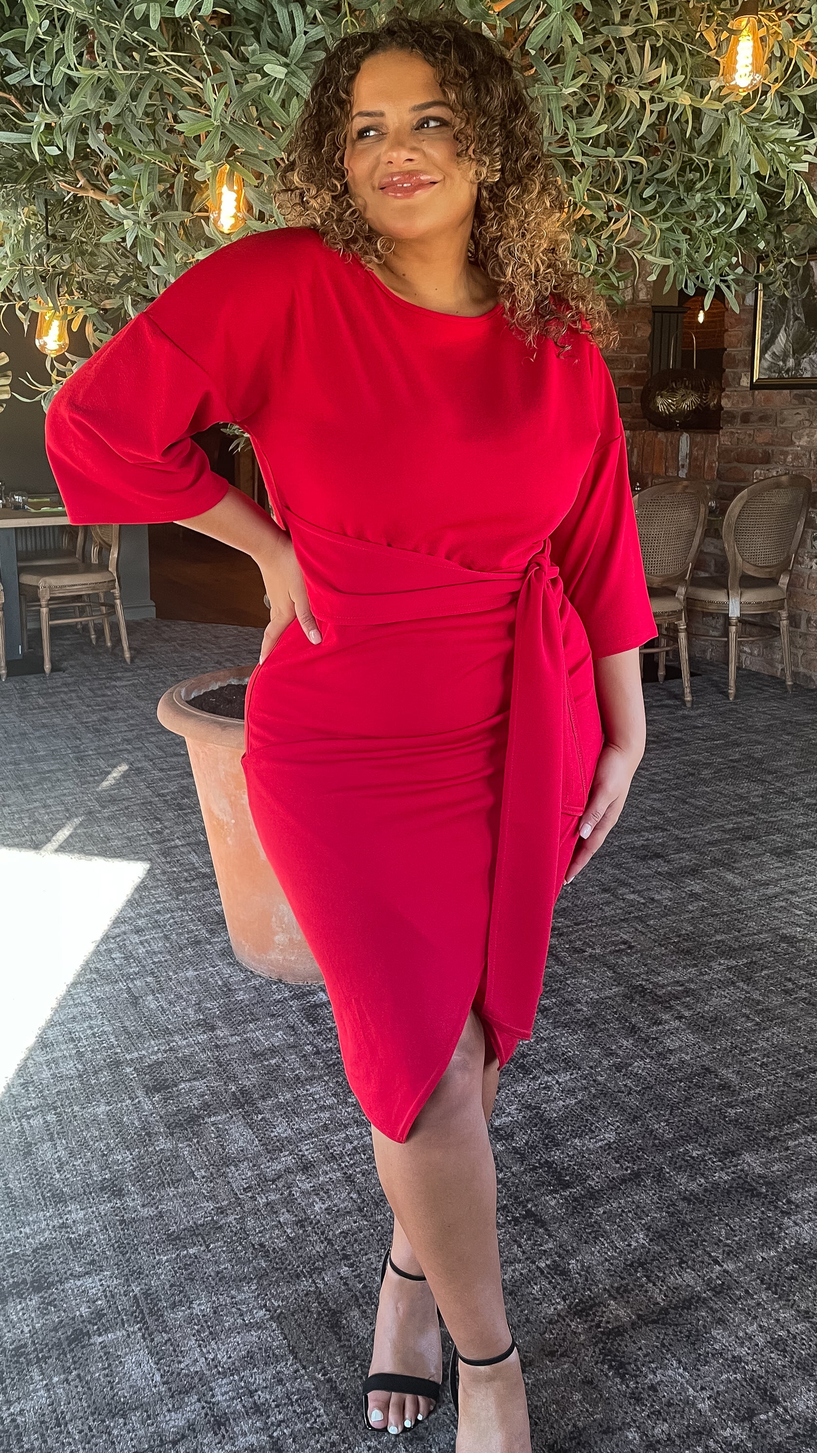 CurveWow Kimono Sleeve Dress Red Curvewow CurveWow Kimono Sleeve Dress Red Curvewow