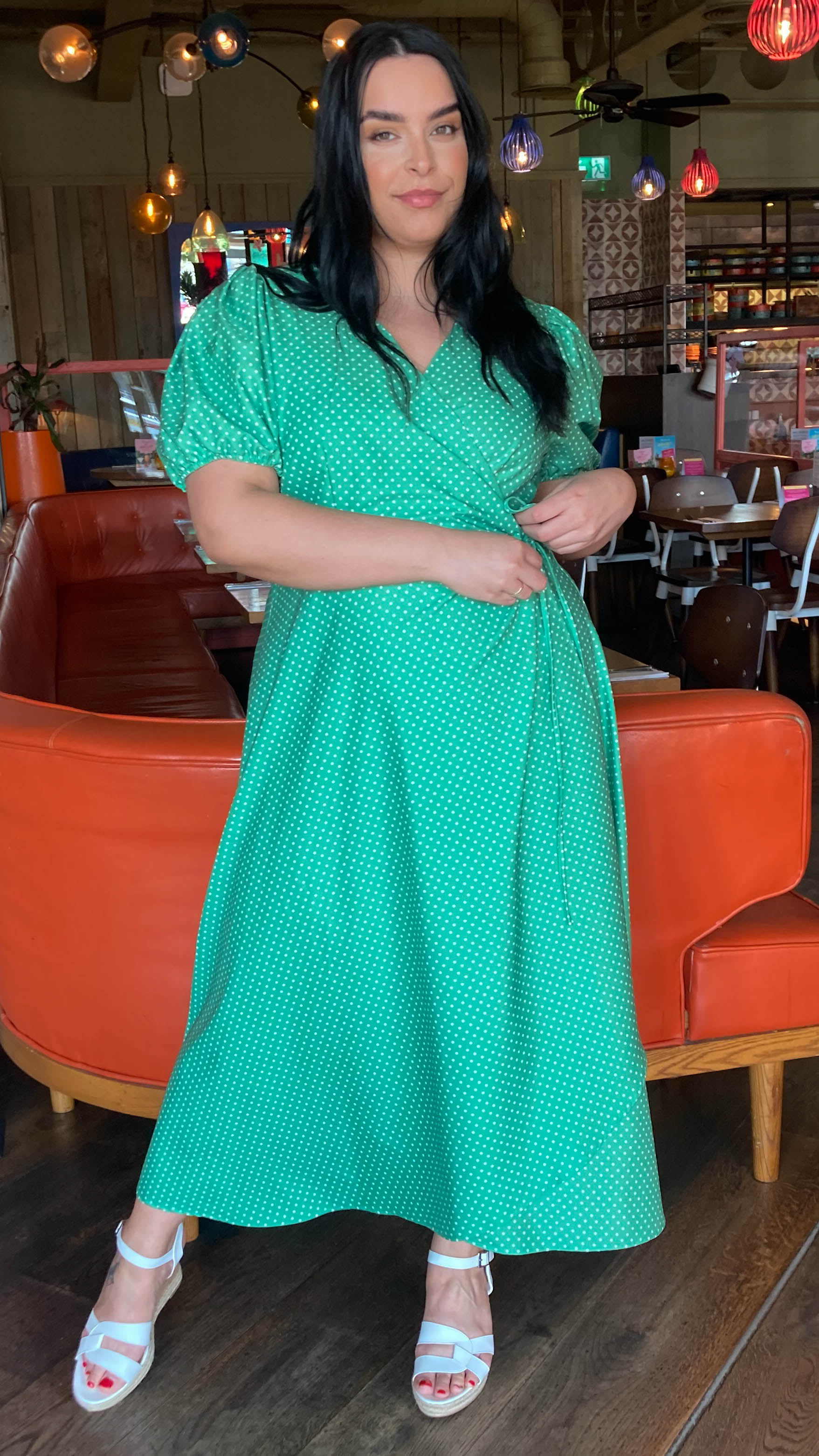 CurveWow Puff Sleeve Wrap Dress Green Spot