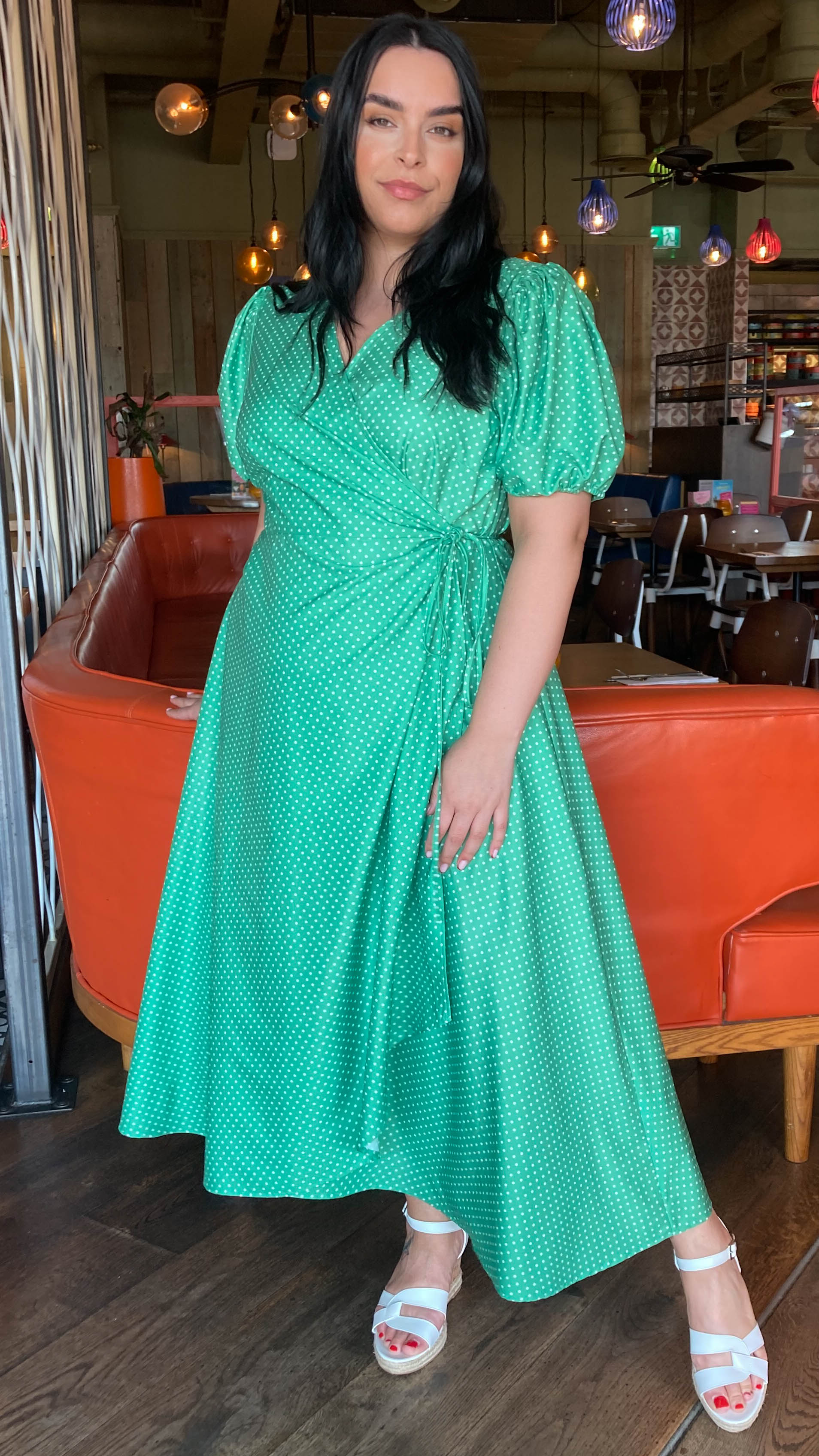 CurveWow Puff Sleeve Wrap Dress Green Spot