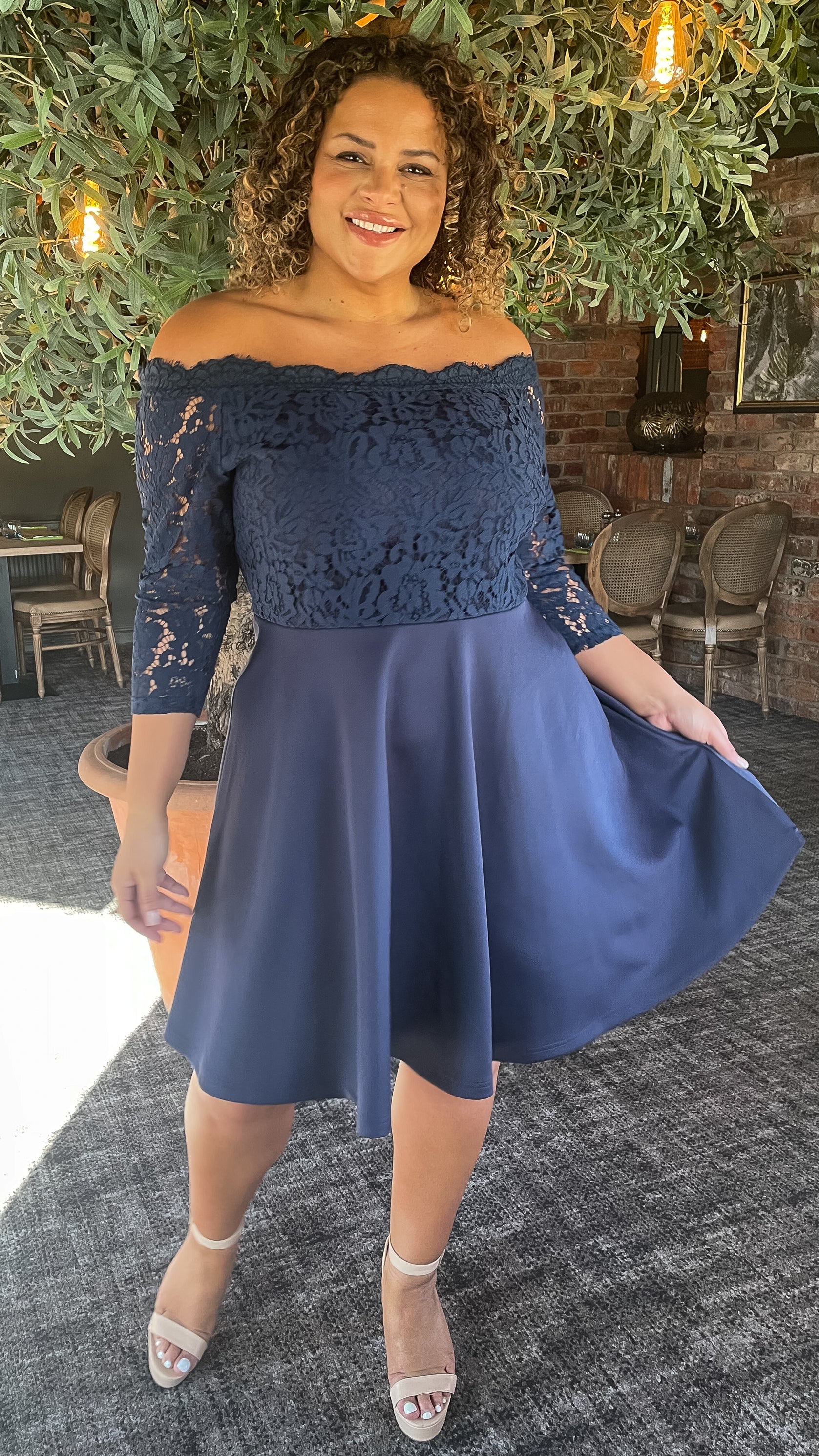CurveWow Scuba Lace Bardot Dress Navy Curvewow CurveWow Scuba Lace Bardot Dress Navy Curvewow