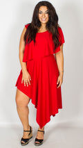 Eloise One Shoulder Red Midi Dress with Asymmetric Hem