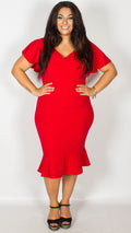 Elaine Frill Sleeve Red Midi Dress