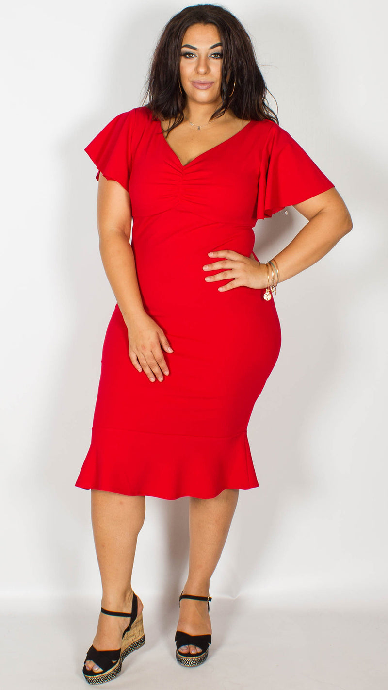 Elaine Frill Sleeve Red Midi Dress