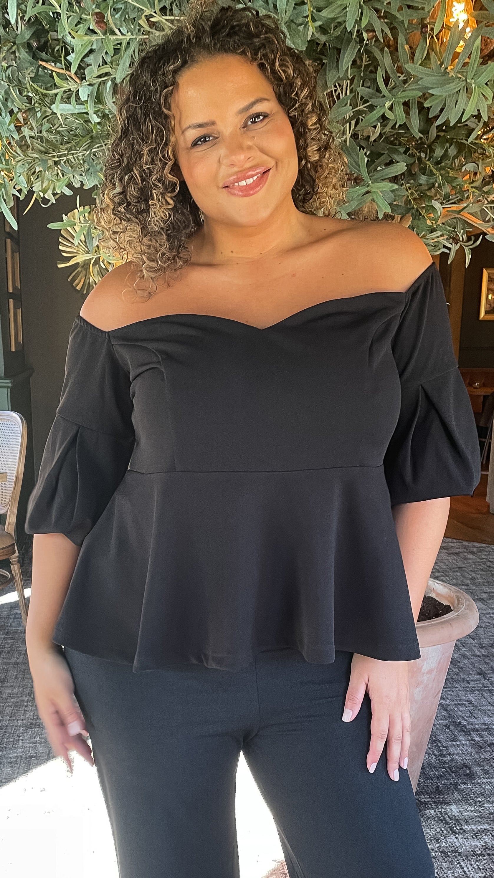 CurveWow Peplum Sweetheart Bardot Top Black