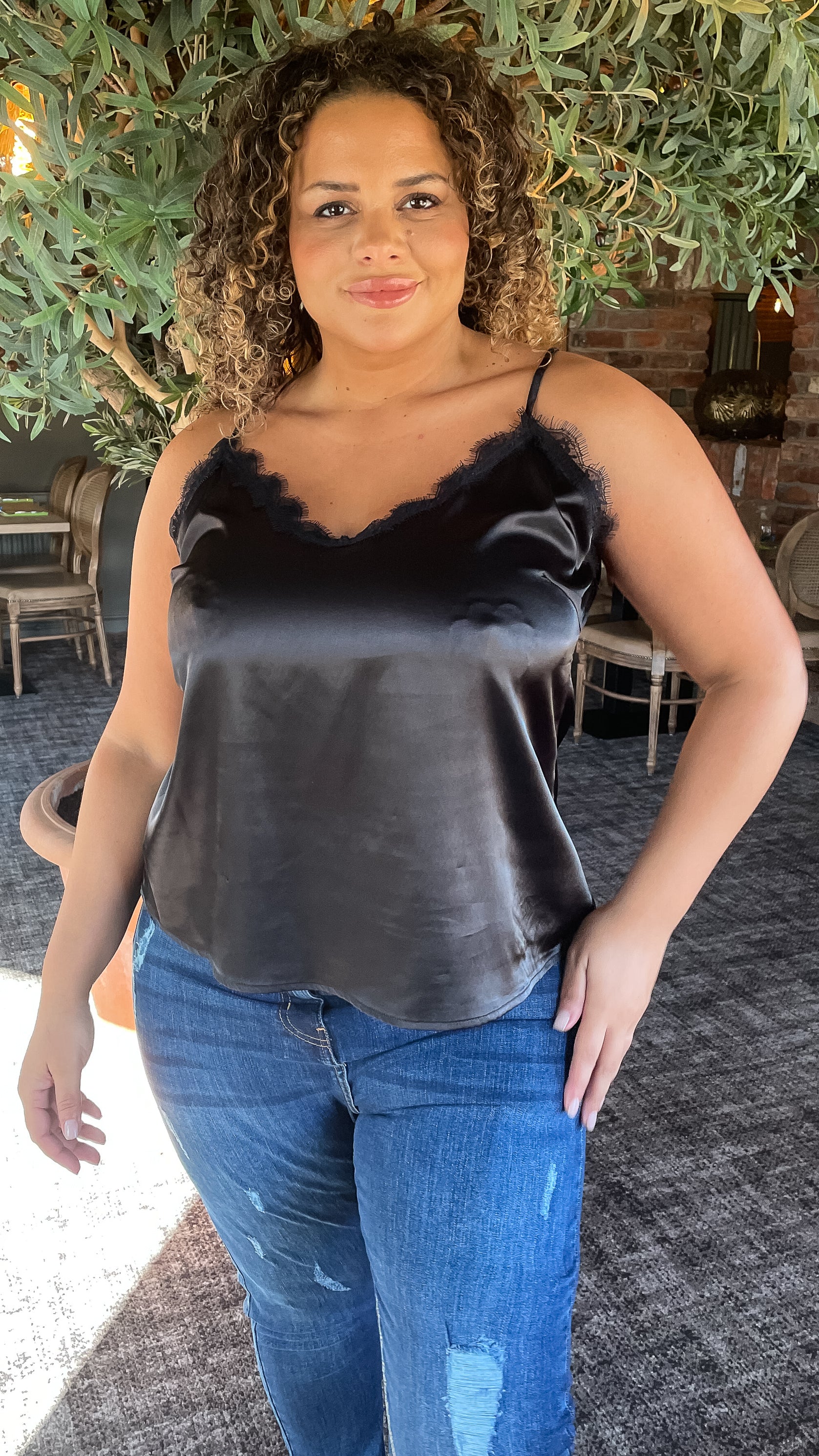 CurveWow Lace Trim Satin Cami Black