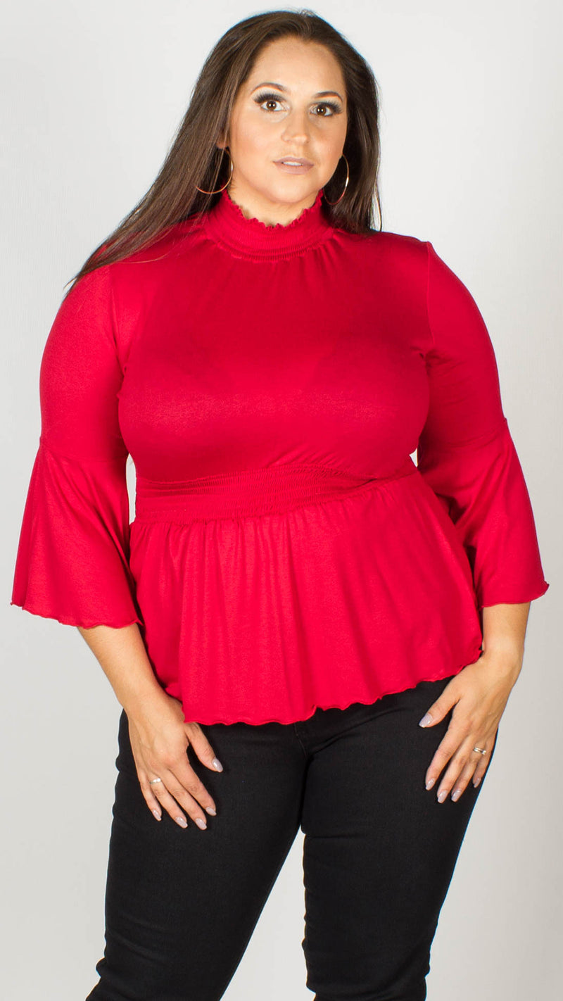 Tilly Red Shirring Detail Turtle Neck Top