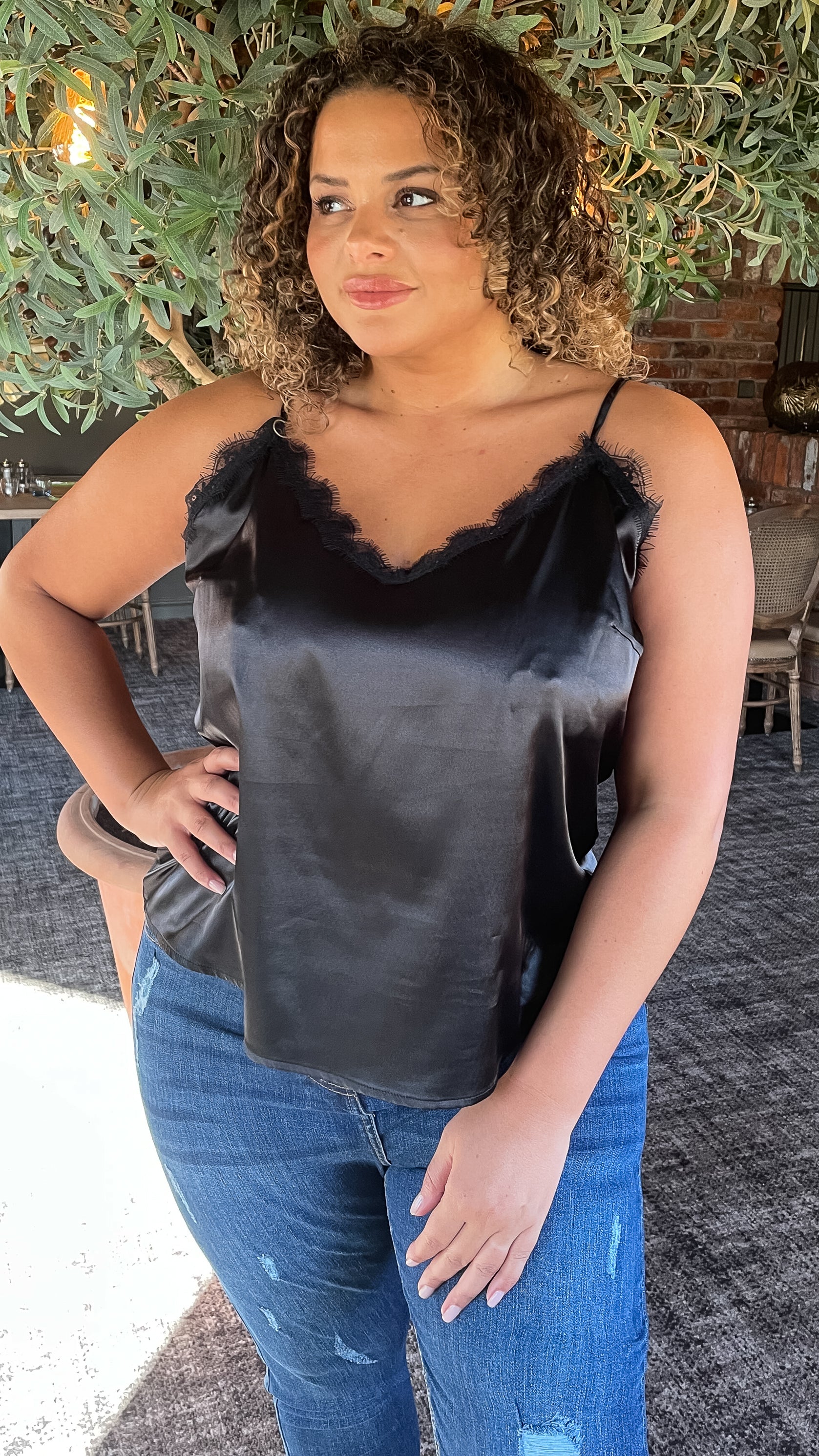 CurveWow Lace Trim Satin Cami Black