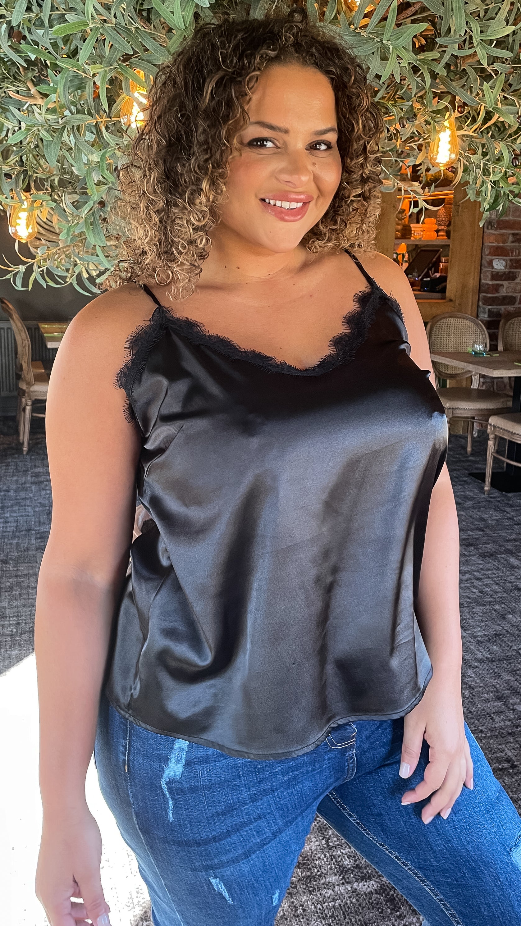 CurveWow Lace Trim Satin Cami Black