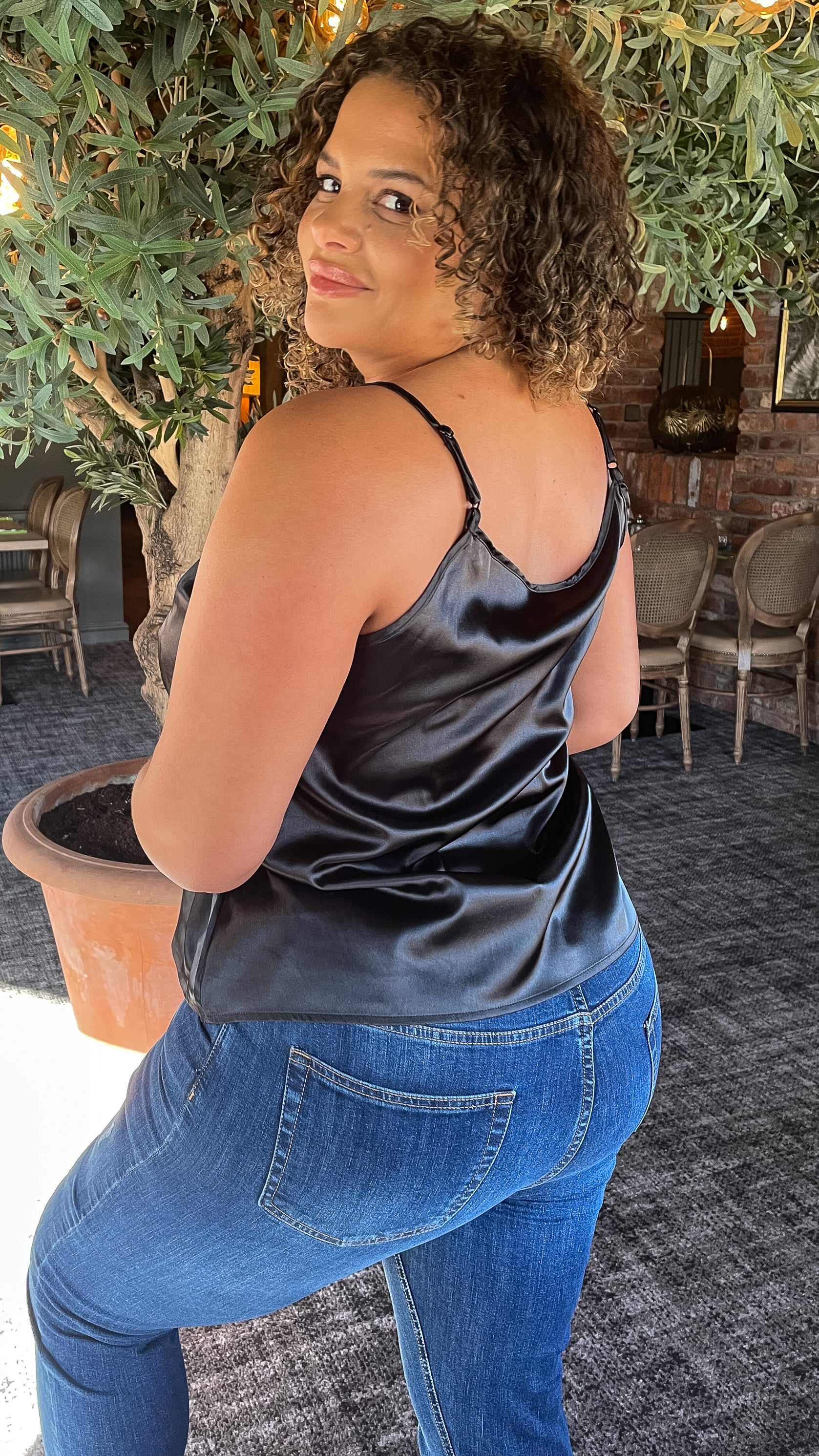 CurveWow Lace Trim Satin Cami Black