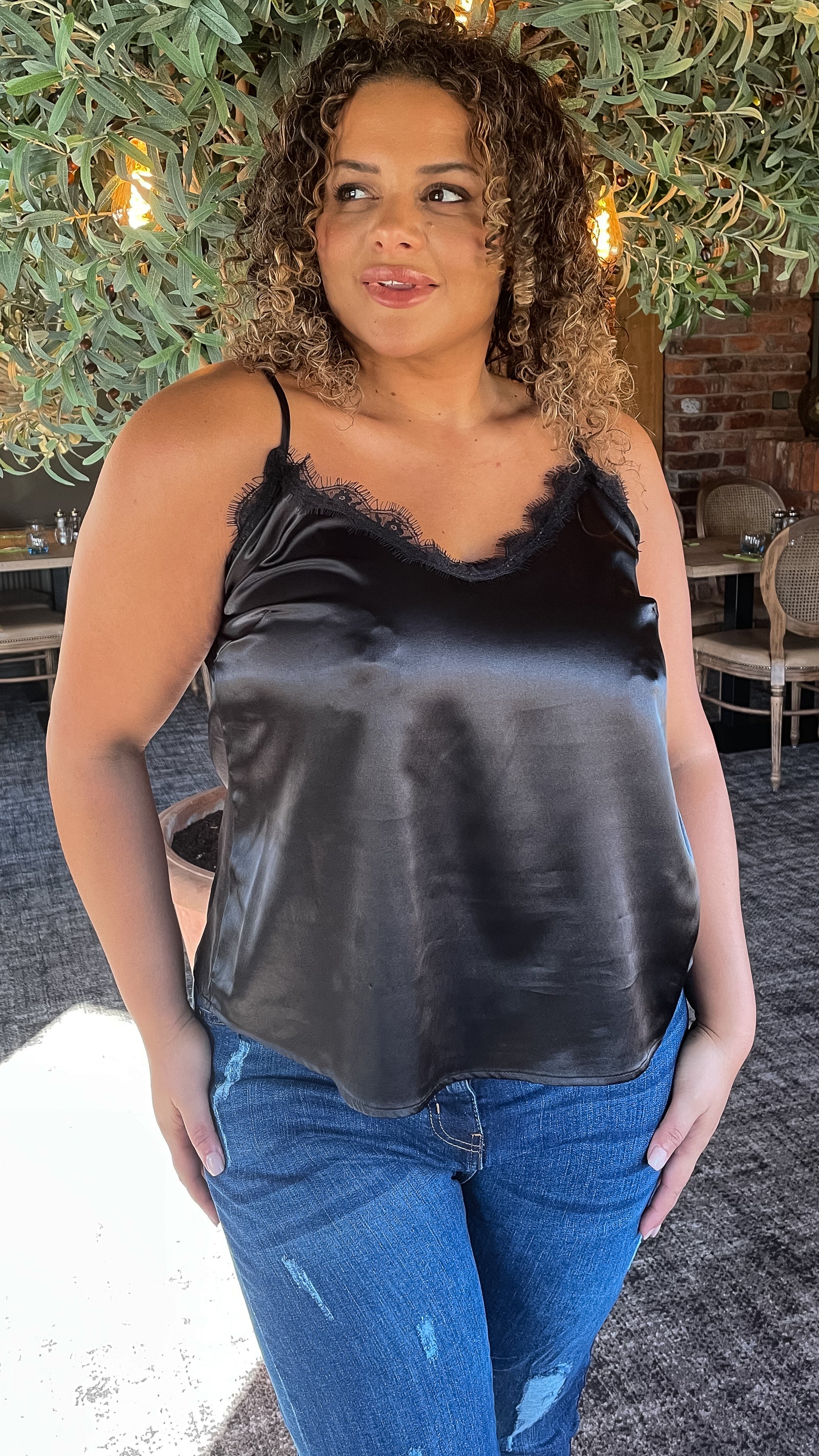 CurveWow Lace Trim Satin Cami Black