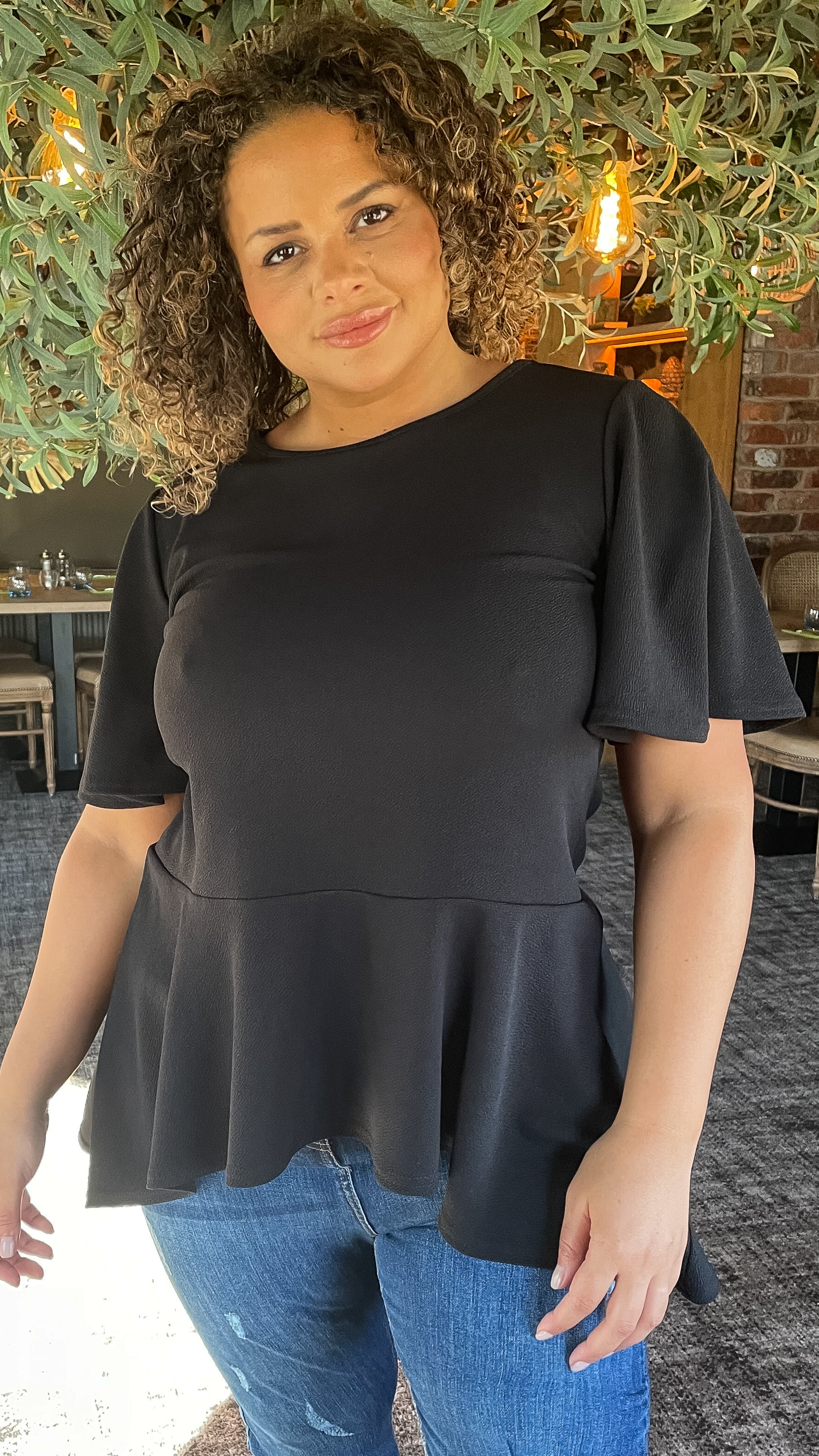 CurveWow Angel Sleeve Peplum Top Black