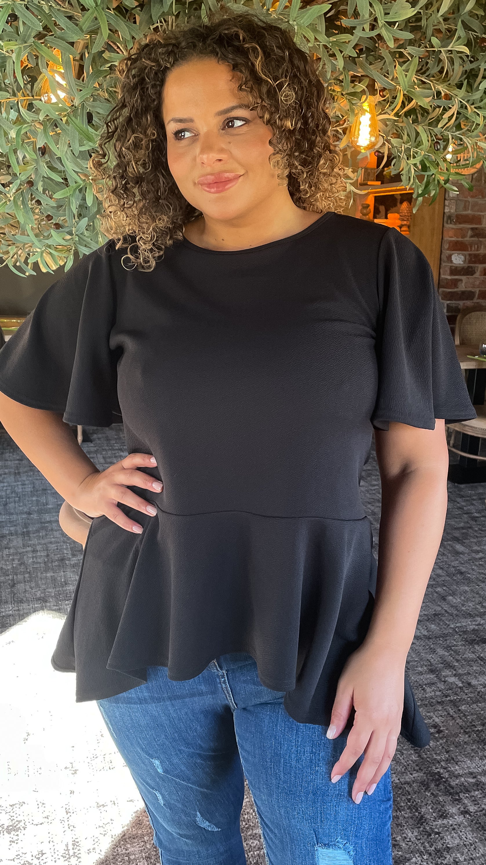 CurveWow Angel Sleeve Peplum Top Black