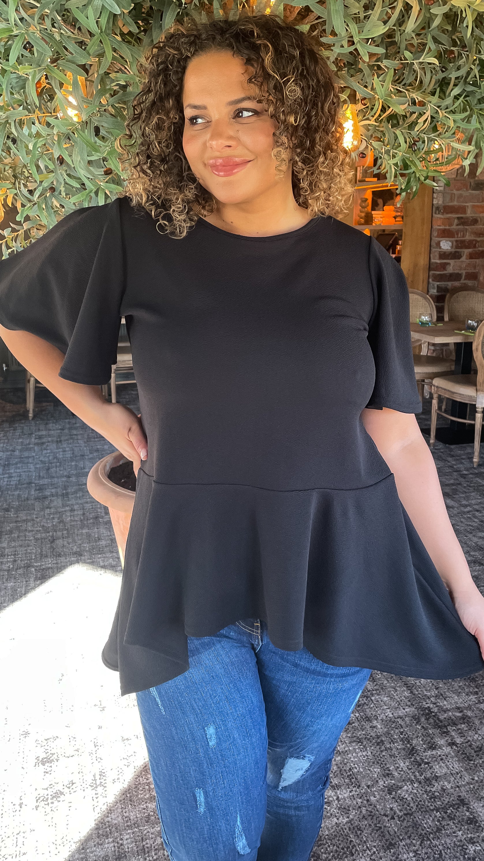 CurveWow Angel Sleeve Peplum Top Black
