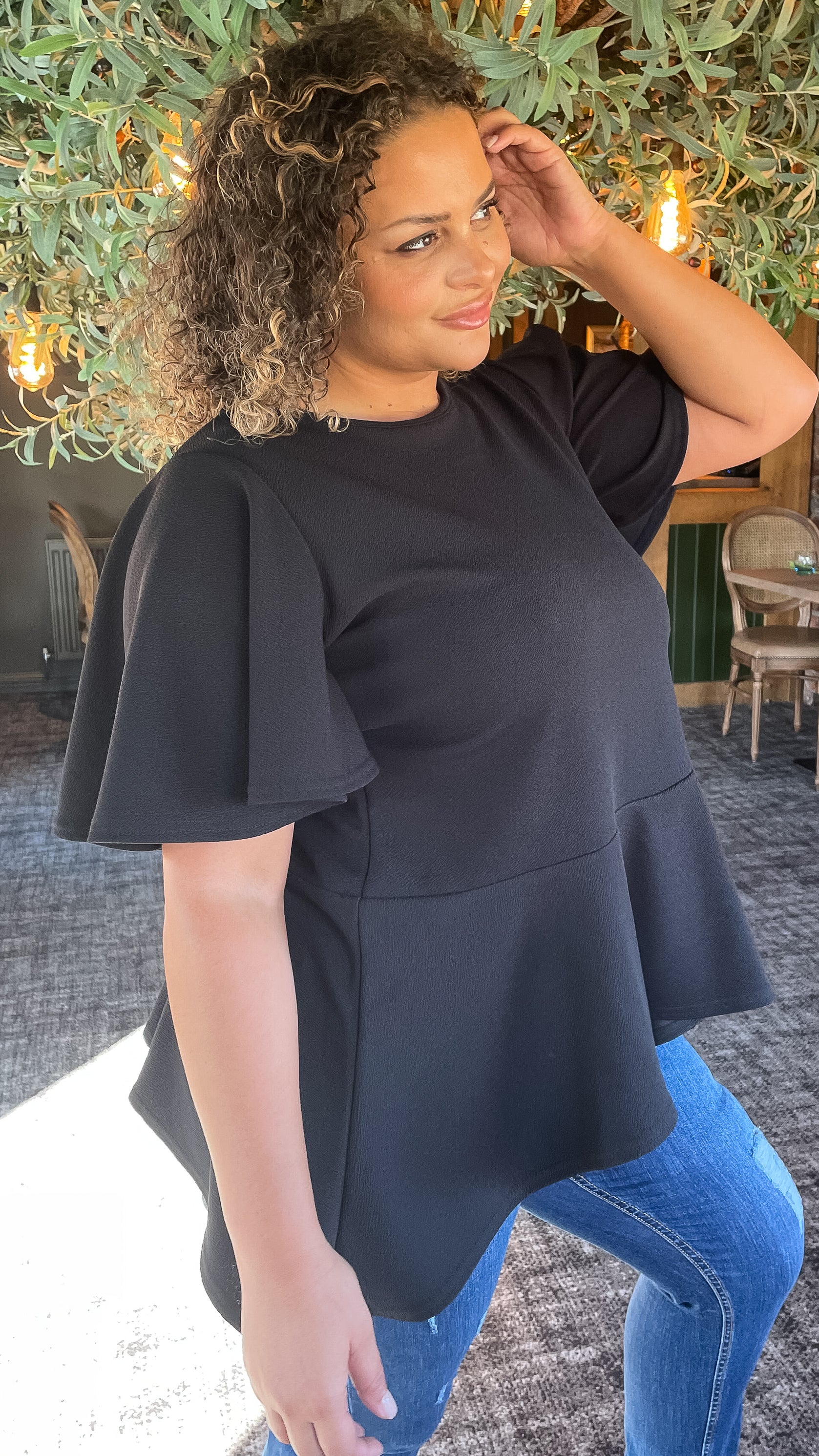 CurveWow Angel Sleeve Peplum Top Black