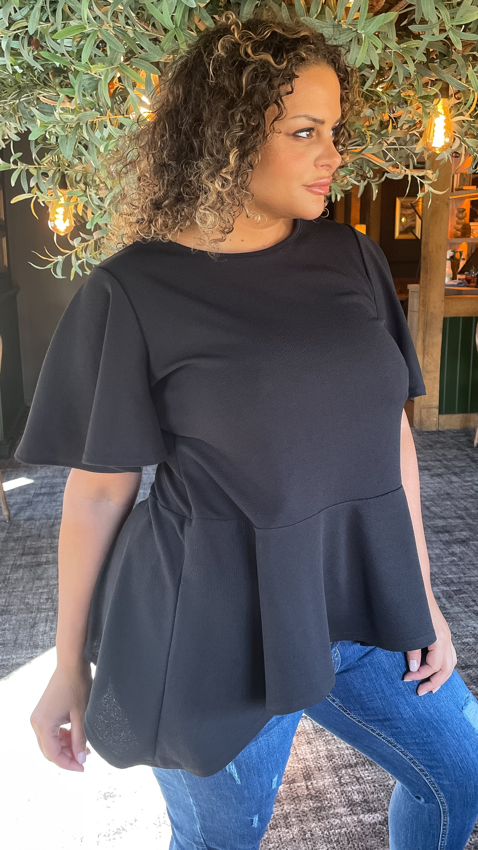 CurveWow Angel Sleeve Peplum Top Black