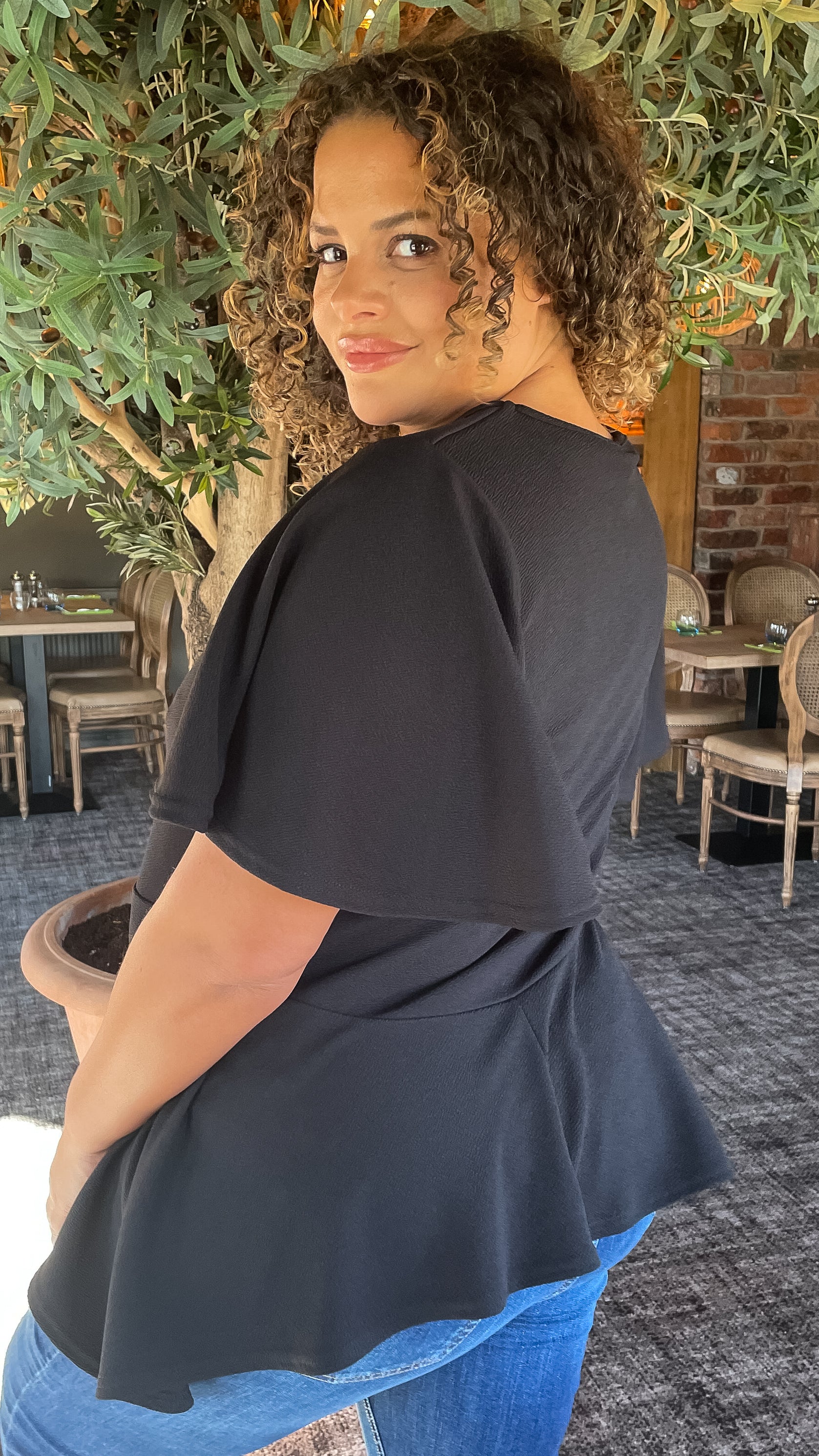 CurveWow Angel Sleeve Peplum Top Black