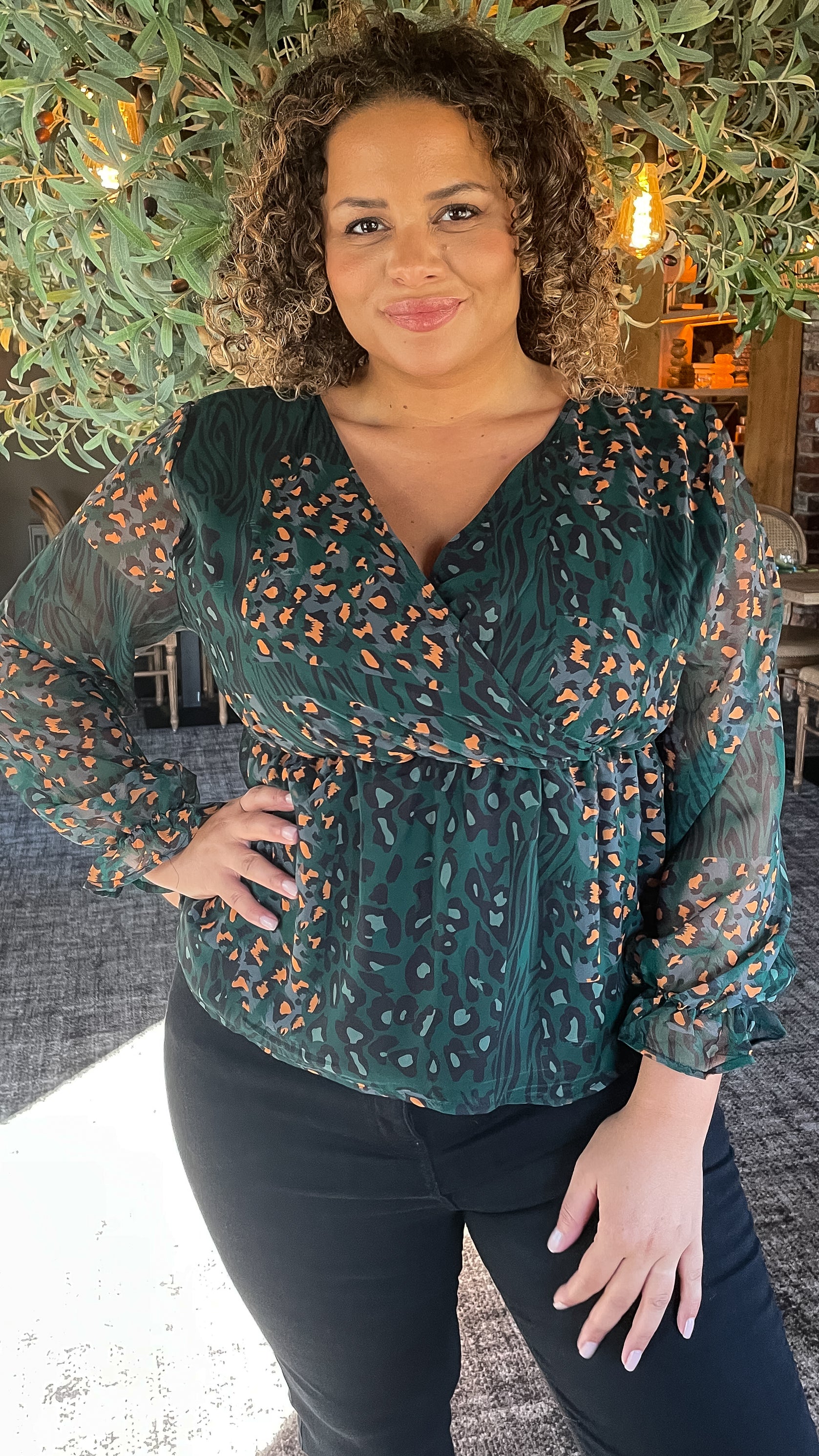 CurveWow Wrap Top Green Leopard