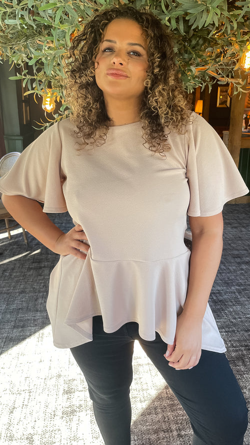 CurveWow Angel Sleeve Peplum Top Camel
